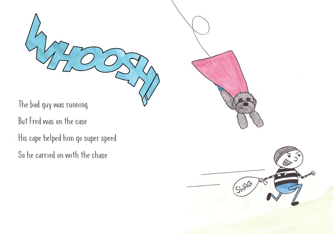 Illustration of a cartoon boy running with a bag labeled 'SWAG,' a flying dog in a pink cape, and a large blue 'super!' text, with a poem about a superhero dog.