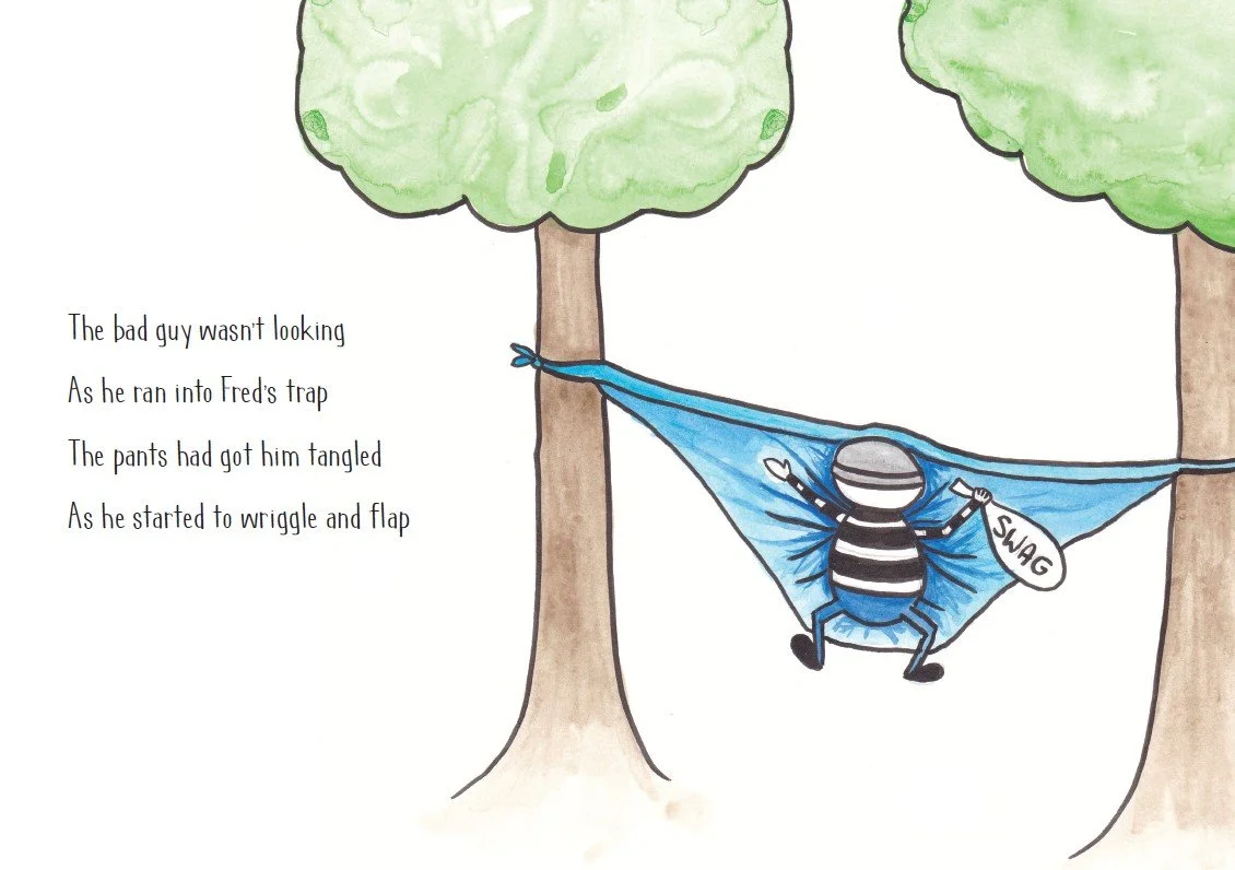 Drawing of a person with a striped shirt and SWAG bag, hanging in giant blue underpants tied between two trees with green foliage.