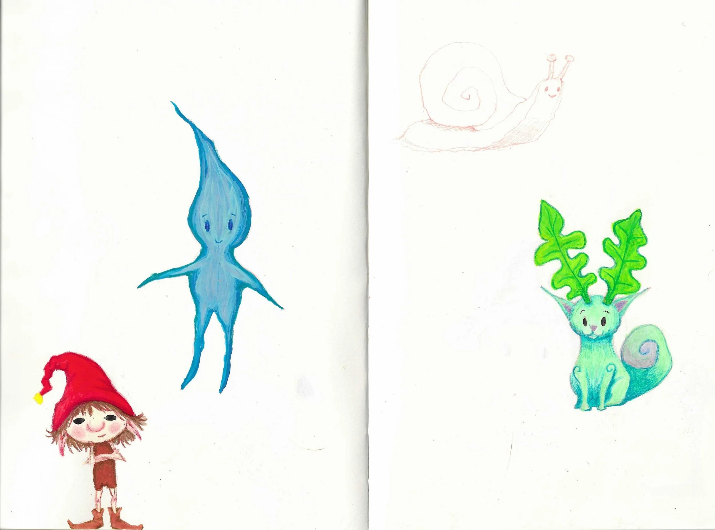 Colorful children's drawings featuring a girl with a red hat, a blue character with a smiling face, a pink snail, and a green plant with a face.