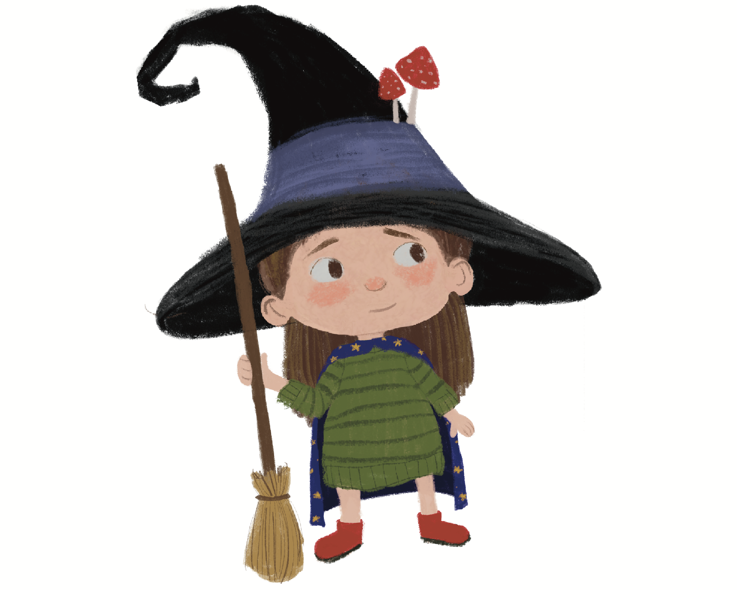 A young girl dressed as a witch holding a broomstick with red polka-dot bow in her black hair and wearing red shoes.