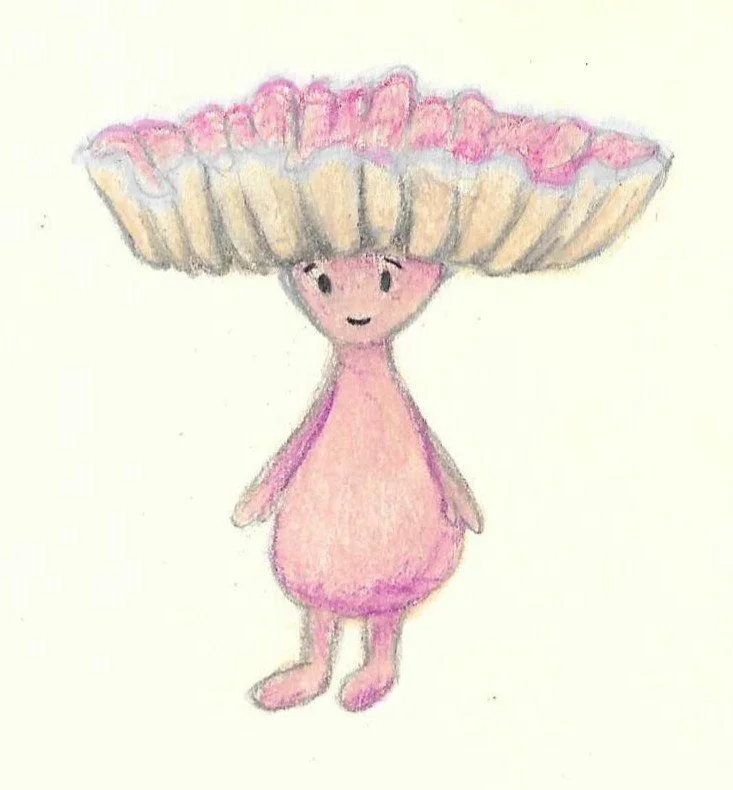 Hand-drawn character with a pink body and a large, umbrella-like hat made of pink and beige petals.