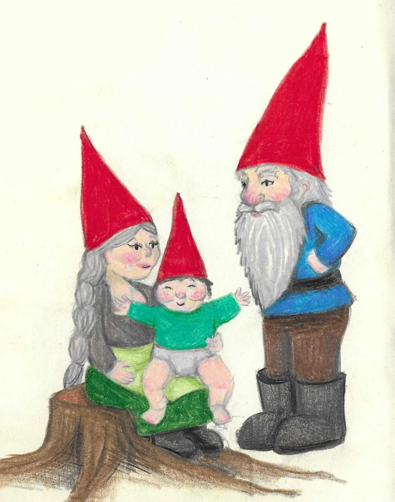 A family of three gnomes dressed in red, blue, and green hats and clothing, with the parents standing and the child sitting on a tree stump.