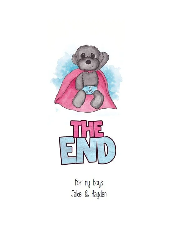 A cute grey dog dressed as a superhero with a pink cape and underwear, sitting with a blue splash background above the words "The End" in large pink and blue letters.