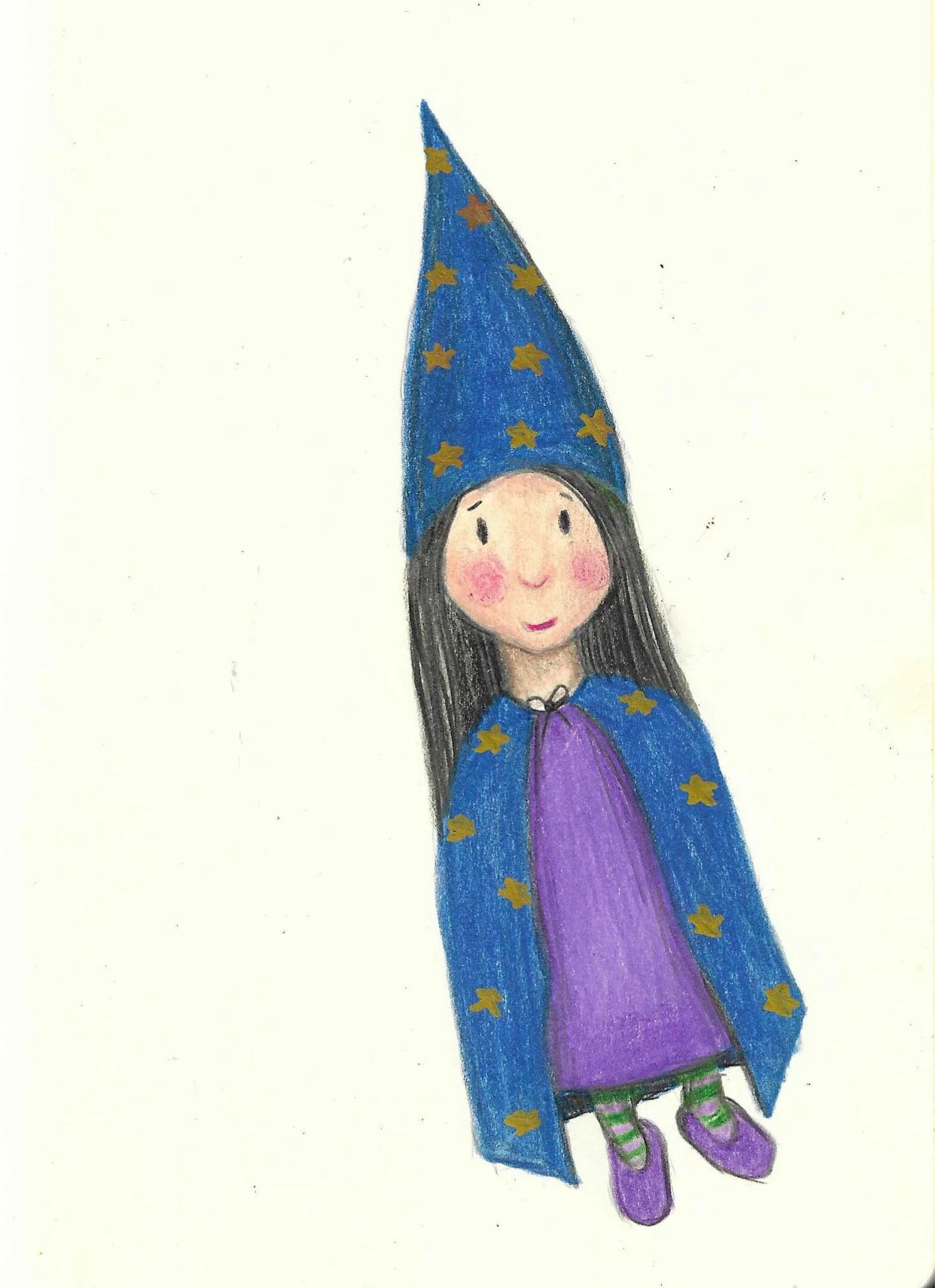 Hand-drawn picture of a young girl wearing a blue wizard hat decorated with gold stars, a purple dress, green and purple striped tights, and purple shoes.