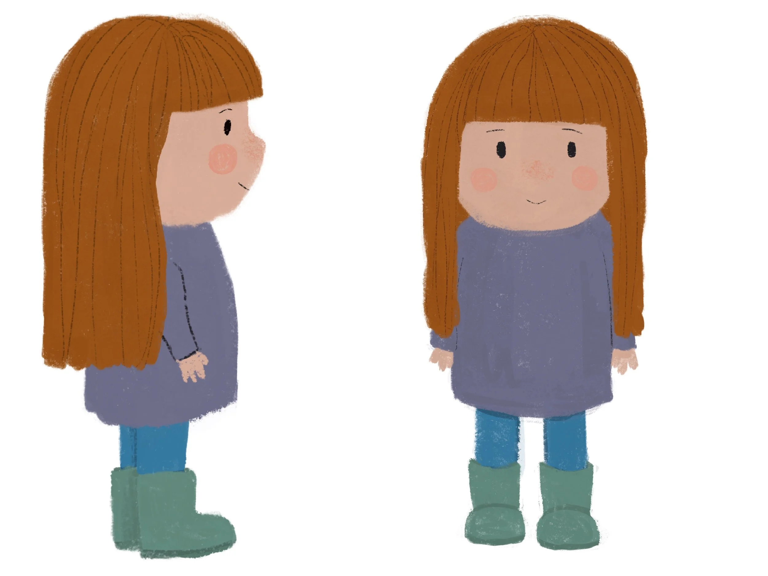 Two illustrated young girls with long, straight red hair, wearing gray tops, blue jeans, and green boots, standing side by side on a white background.