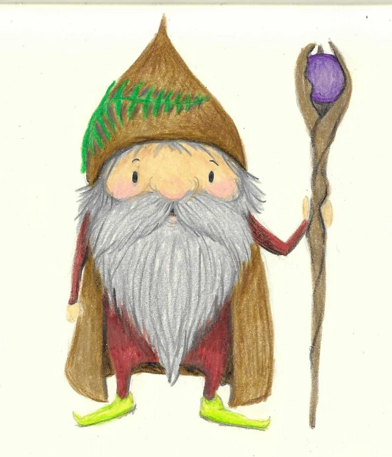 A cartoon gnome with a large gray beard, wearing a brown pointy hat with green accents, a brown cape, red clothes, and neon green shoes, holding a twisted staff with a purple orb at the top.