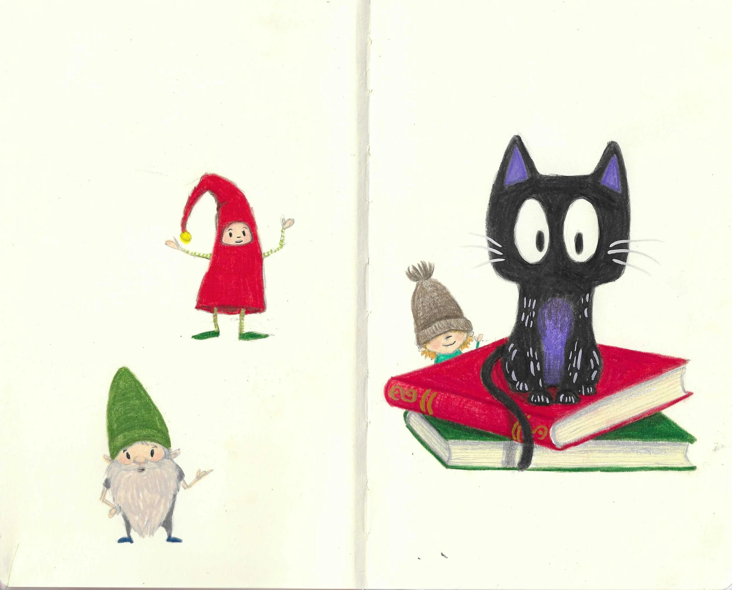 Colorful drawing of a black cat with purple ears sitting on red books, a small girl with blonde hair and a green shirt peeking from behind, a dwarf with a long beard and a pointed hat at the bottom, a girl in a red dress and pointy hat to the left, a