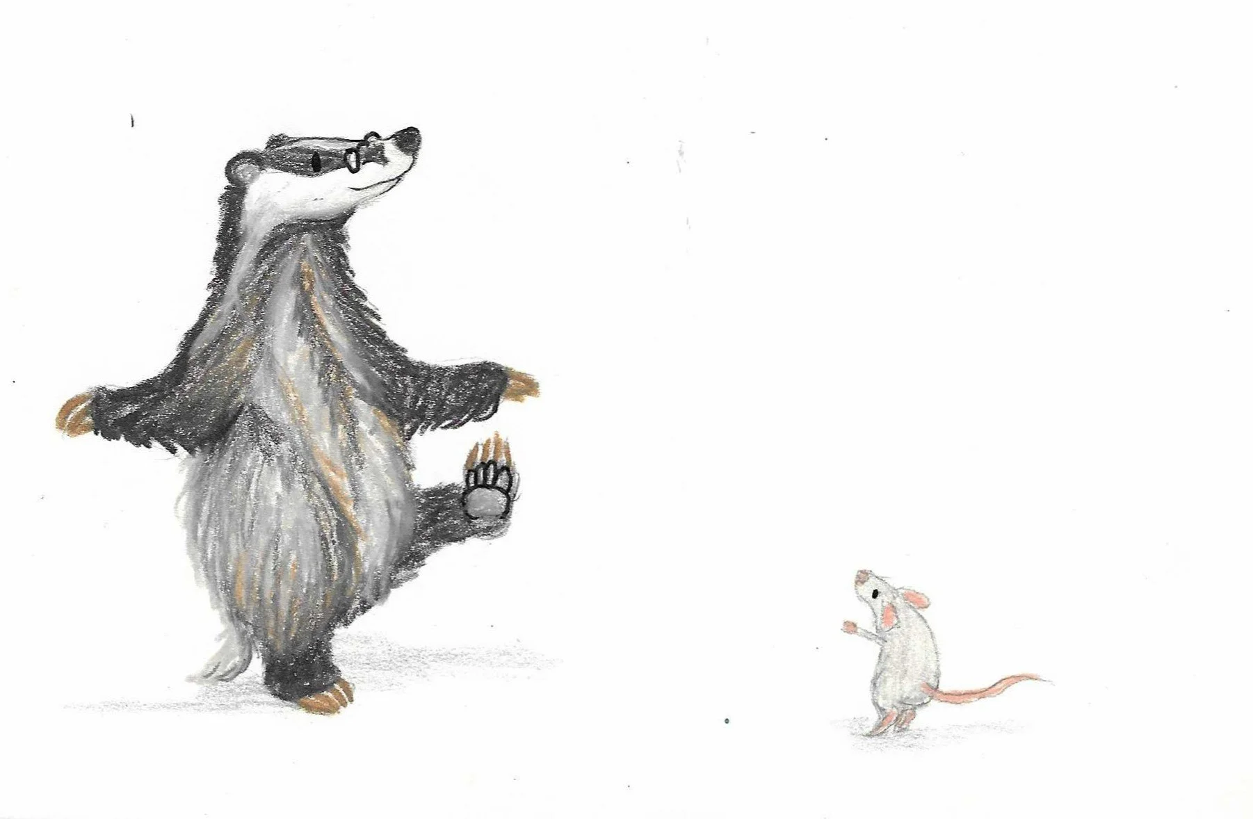 Drawing of a badger dancing on its hind legs with glasses, and a smaller mouse dancing on its hind legs facing it, on a white background.