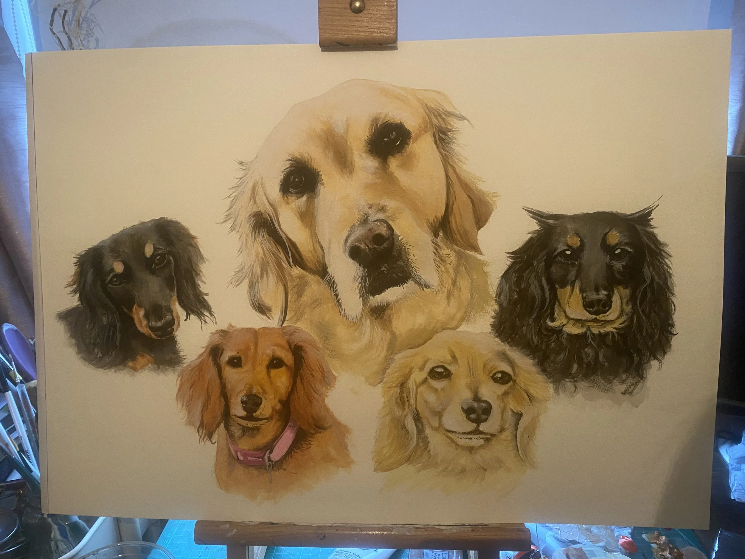 Painting of s5 dogs with varying fur colours and expressions, arranged in a collage on a light background.