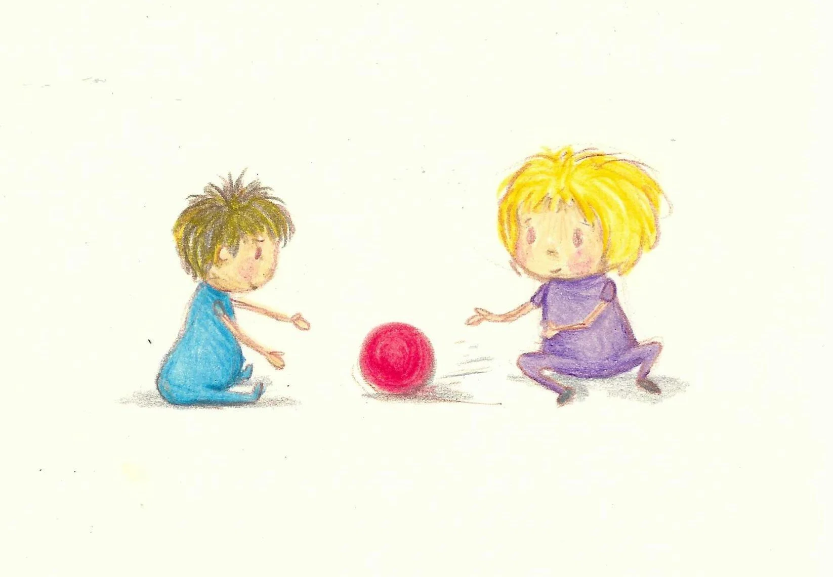 Children playing with a red ball, one child sitting in a blue outfit and one crouching in a purple outfit, on a white background.
