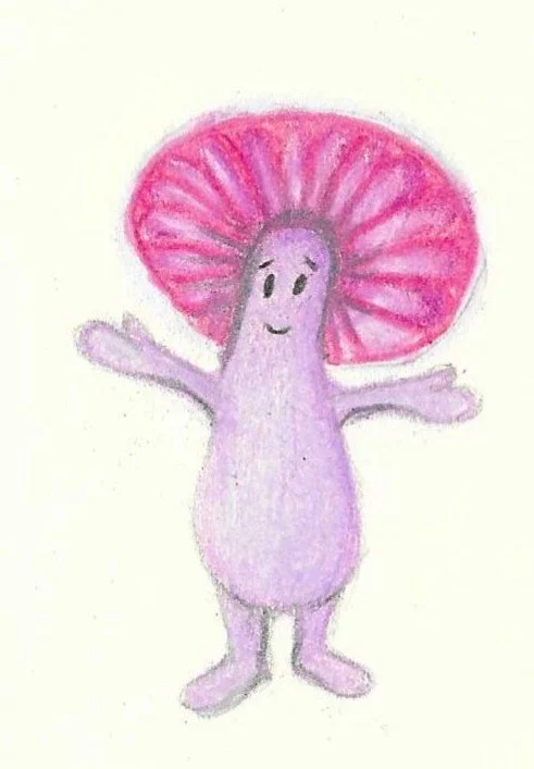 A cute, hand-drawn cartoon mushroom character with a pink cap, purple stem, and a smiling face.