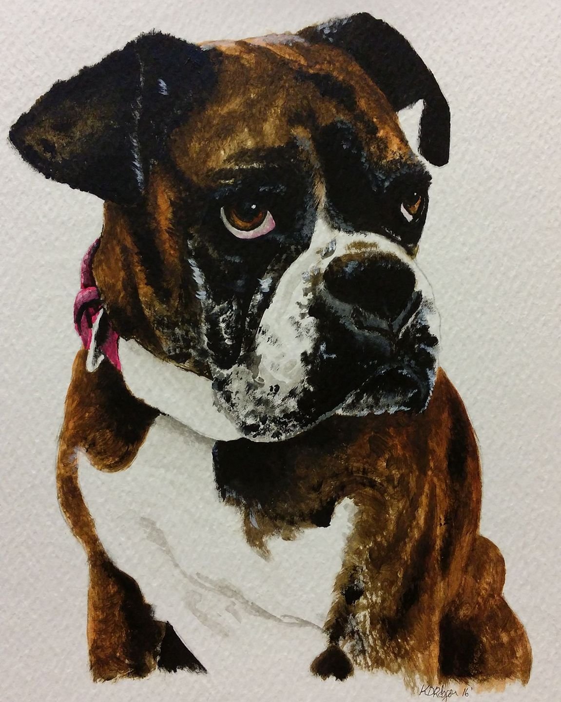 Painting of a brown and black boxer dog with a pink collar, looking to the side against a light background.