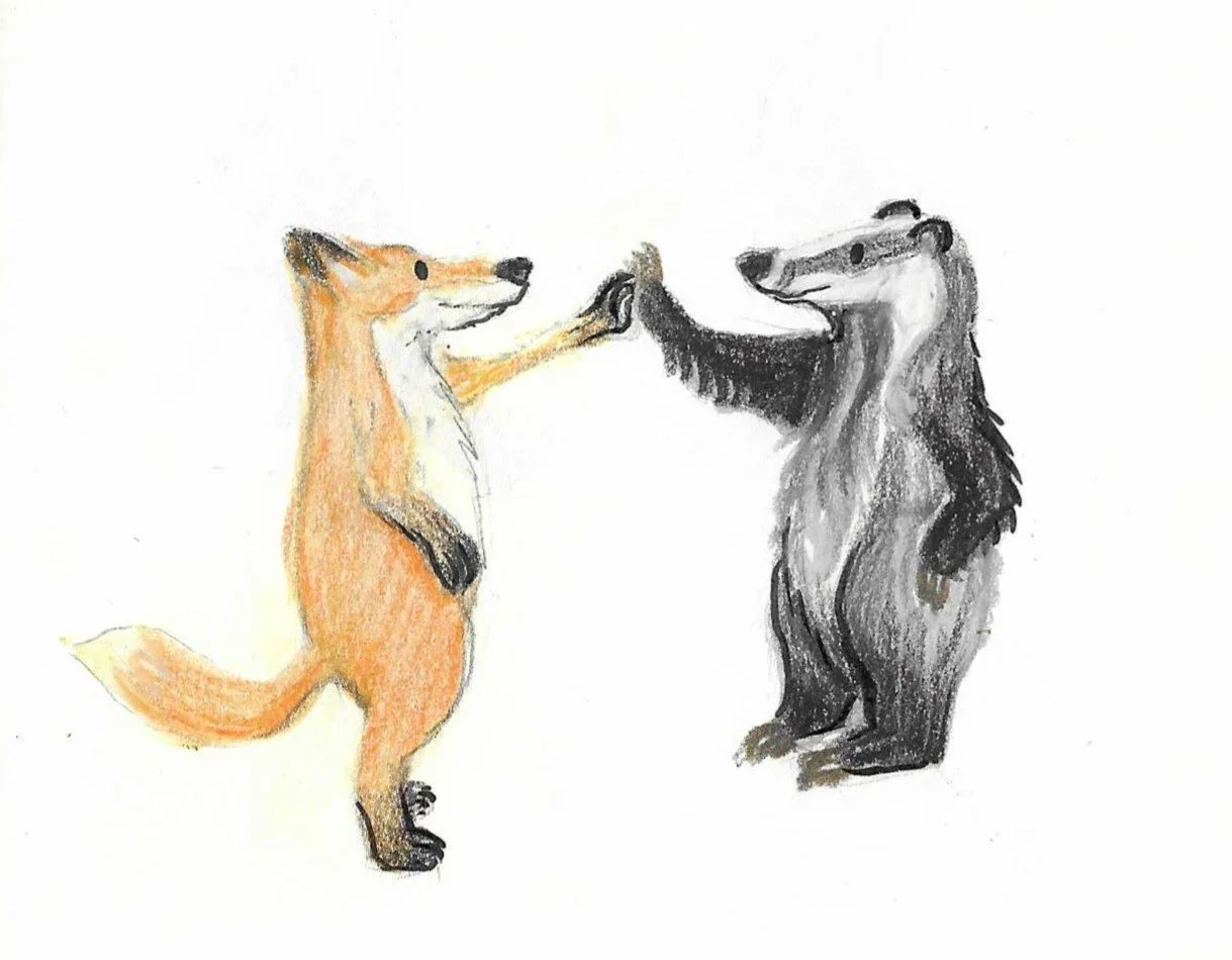 Drawing of a fox and badger standing on hind legs, high fiving each other.