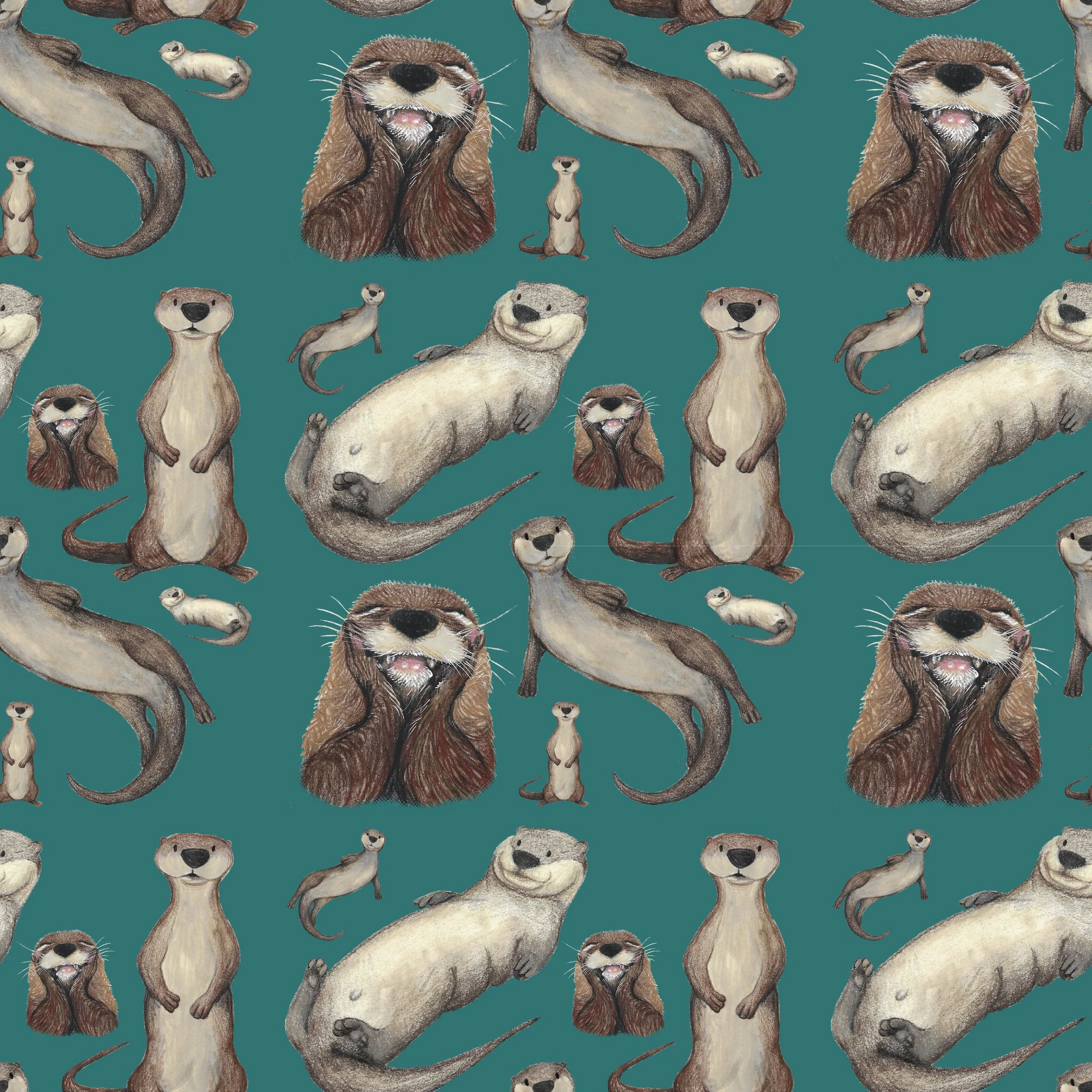 Pattern featuring illustrated river otters, on a teal background.