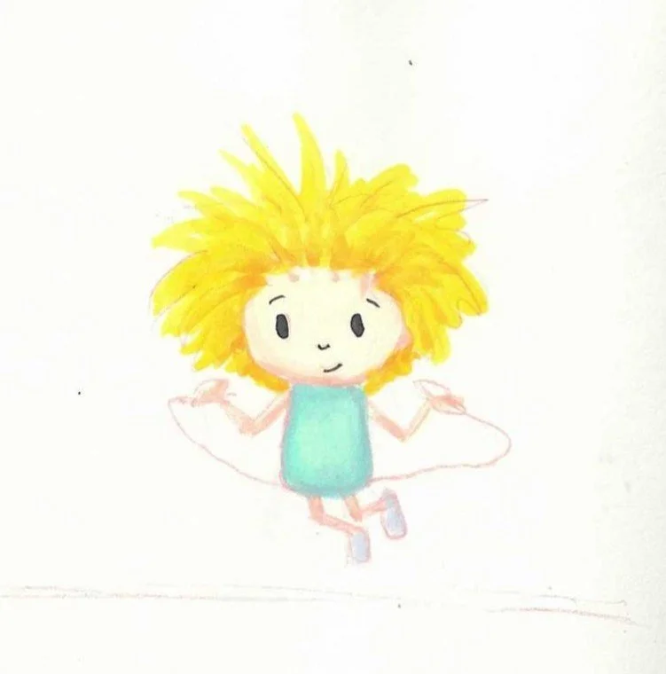 Hand-drawn illustration of a young girl with yellow, spiky hair wearing a turquoise dress, jumping with a skipping rope.