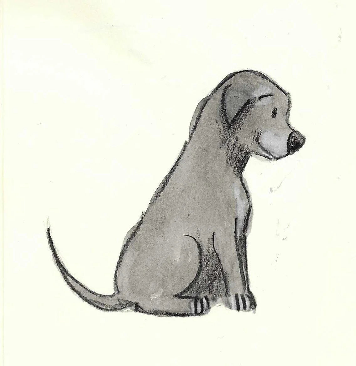 A drawing of a sitting dog with floppy ears, in shades of gray, looking to the right.