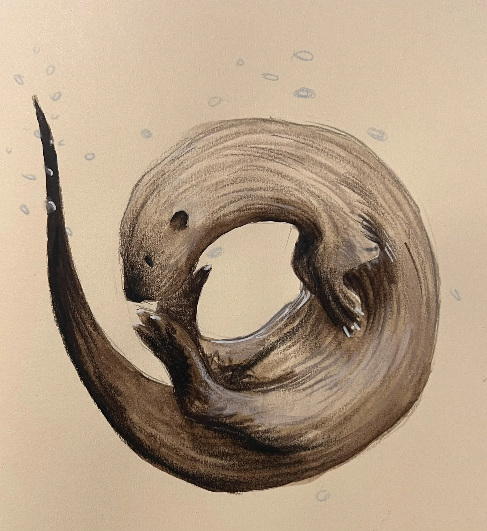Watercolour painting of a swimming otter