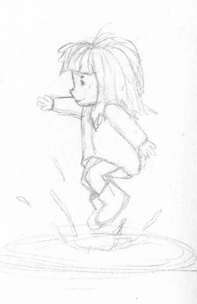 A child's pencil sketch of a girl jumping into the water with splash effects, wearing a dress and with long, party hair.