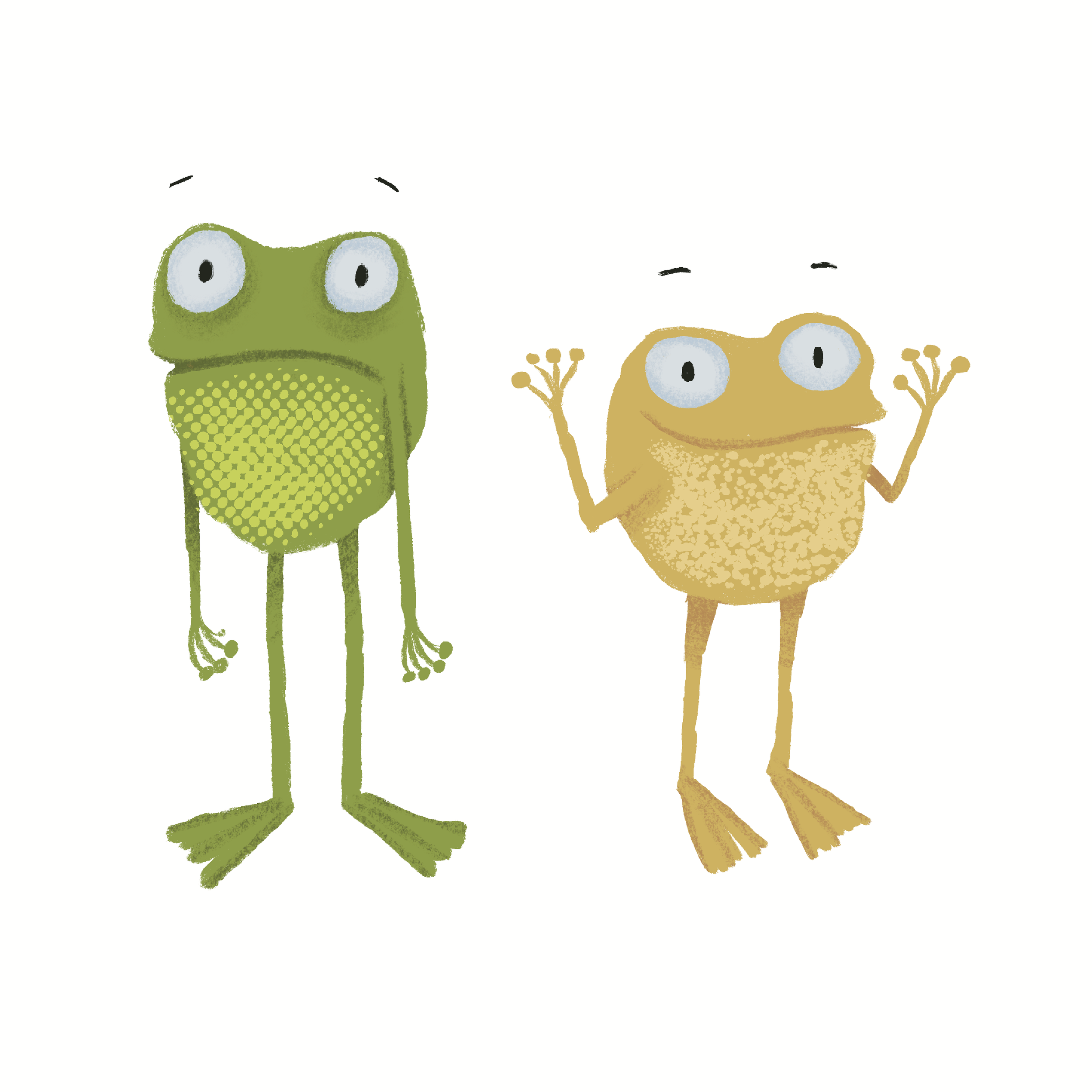 Cartoon illustration of two frogs, one green and one yellow, both with big eyes and smiling faces, standing on white background.