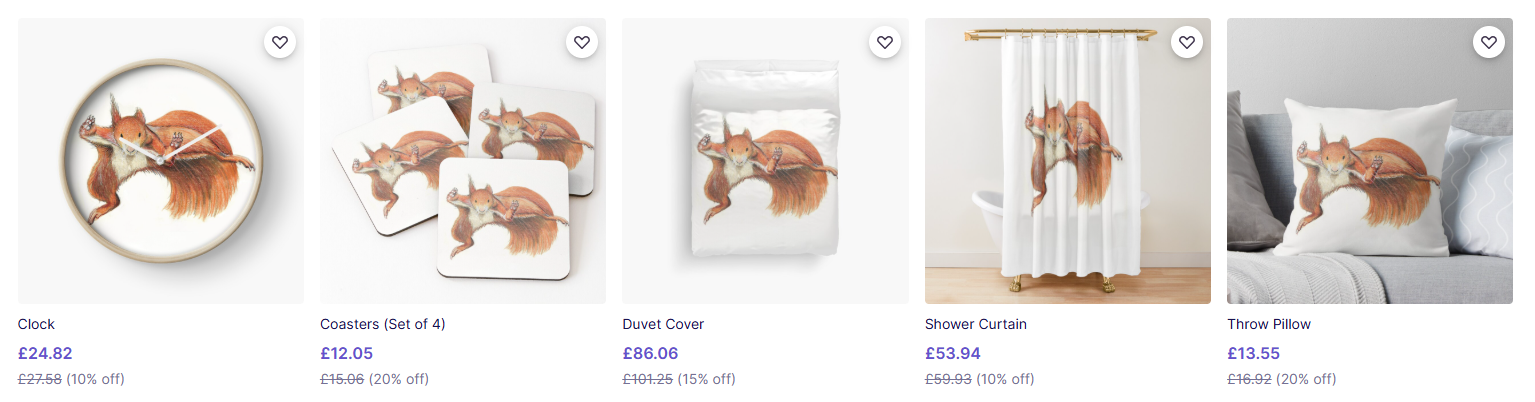 A collection of home decor items with a fox illustration, including a clock, a set of four coasters, a duvet cover, a shower curtain, and a throw pillow.