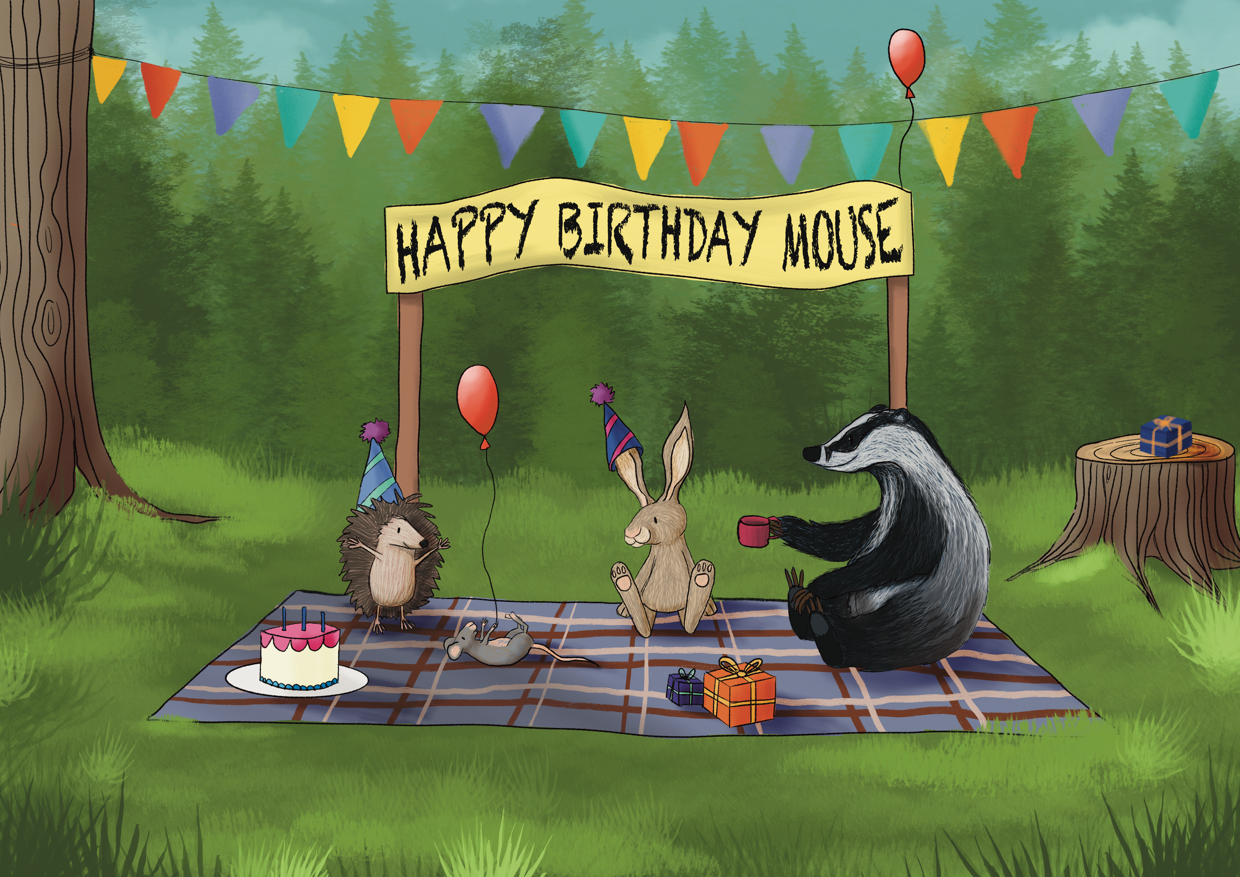 An illustrated birthday party scene in a forest clearing, with a cake, presents, balloons, and a banner that reads 'Happy Birthday Mouse.' Friendly woodland animals, including a hedgehog, rabbit, and skunk, are celebrating on a picnic blanket.