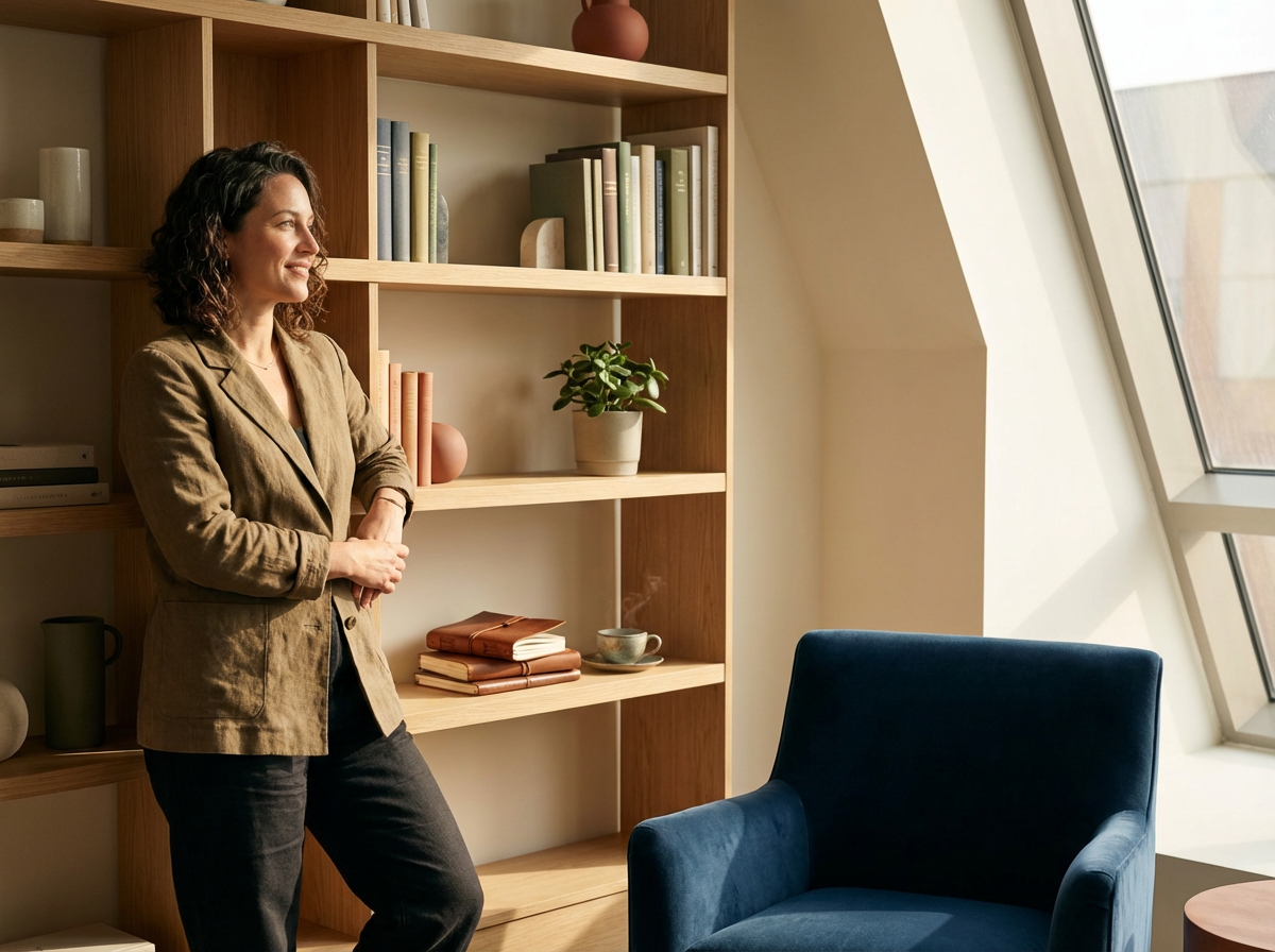 Woman standing in a cozy room next to a wooden bookshelf filled with books and decorative items, near a large window.