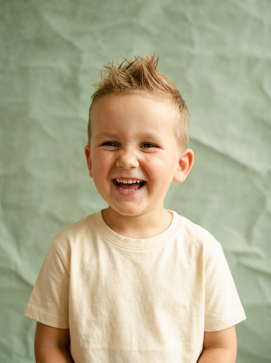 Un enfant souriant avec des cheveux en pique, portant un t-shirt beige, devant un fond vert