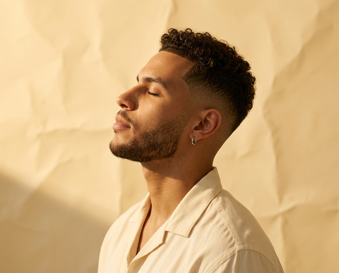 Jeune homme à la peau claire aux cheveux courts bouclés, portant une boucle d'oreille, avec la tête inclinée, les yeux fermés, sur un fond beige