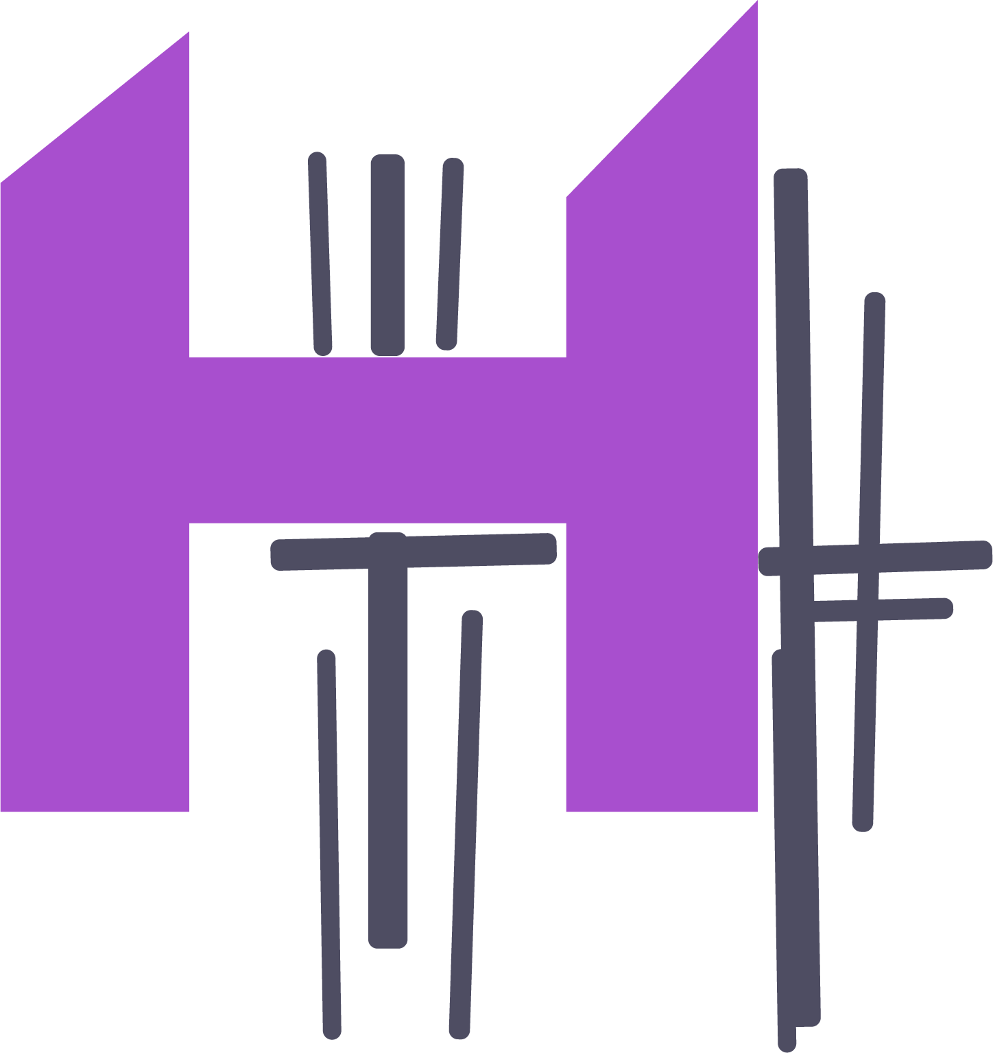Illustration stylisée d'un bâtiment avec des fenêtres et des structures en noir, avec des éléments violets en arrière-plan.