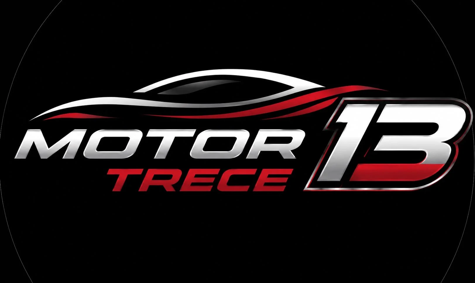 Logotipo con un coche estilizado en negro, blanco y rojo y el texto "Motor 13 Trece" en letras plateadas y rojas