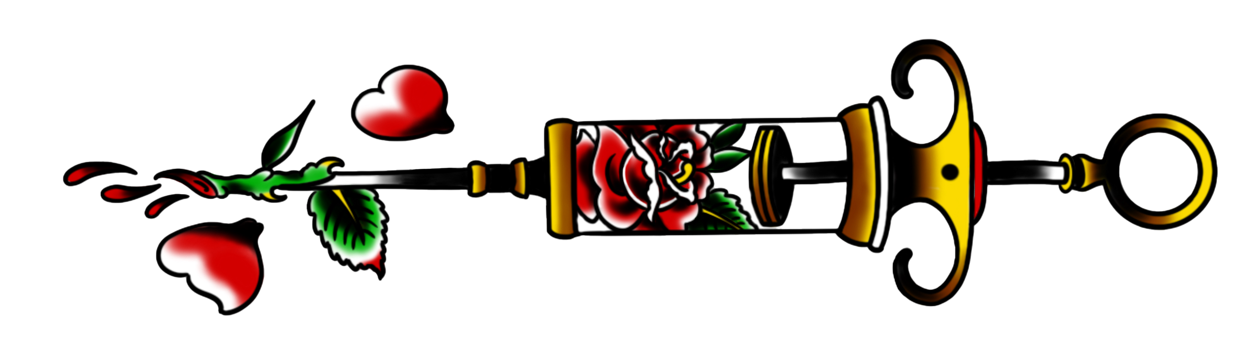 Coloured line drawing of a needle with a rose inside by King Len of Dartmouth, Nova Scotia