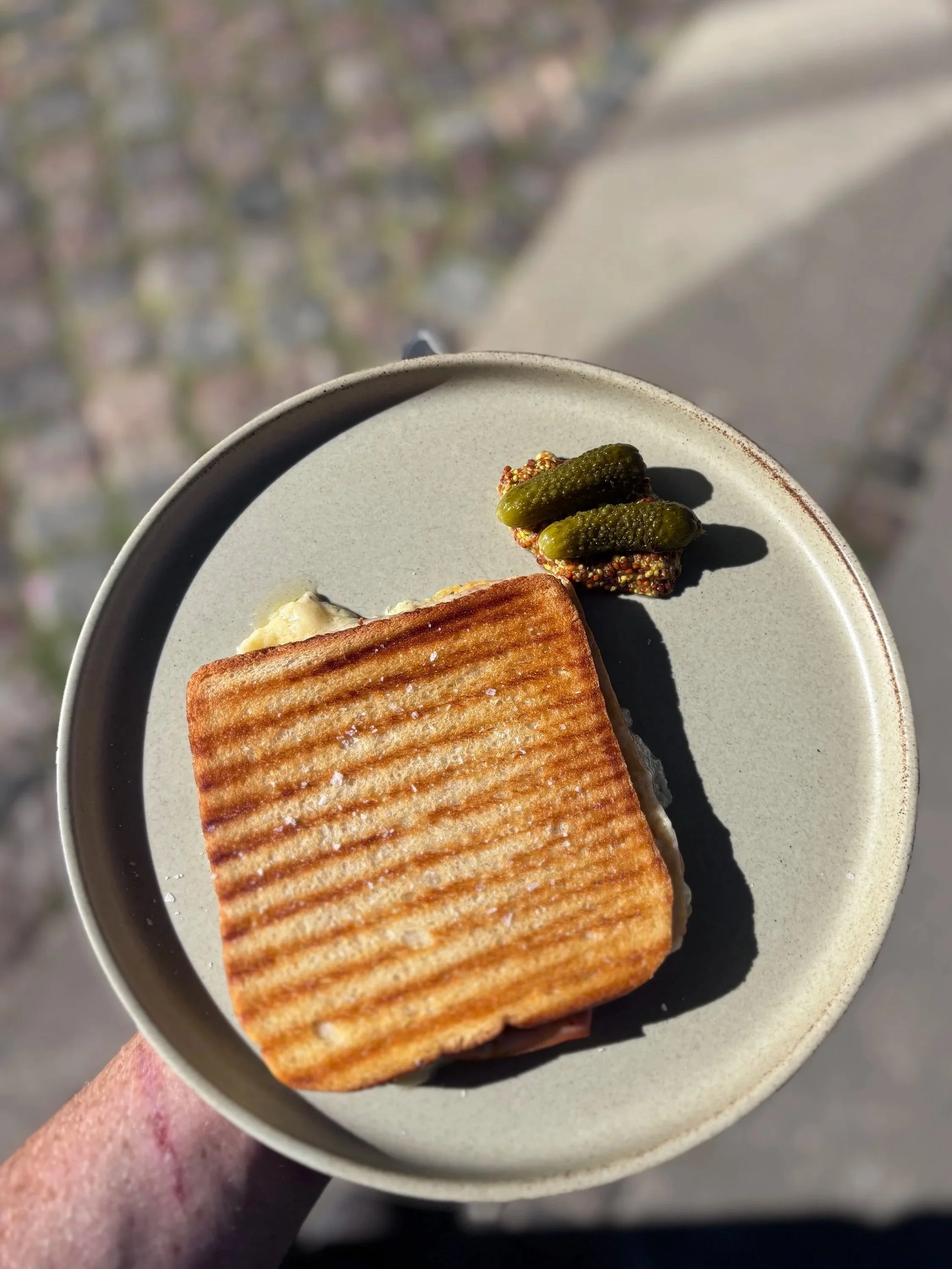 Close-up of a toasted sandwich with grill marks on a ceramic plate, accompanied by a small dish of pickles, with a blurred outdoor background.