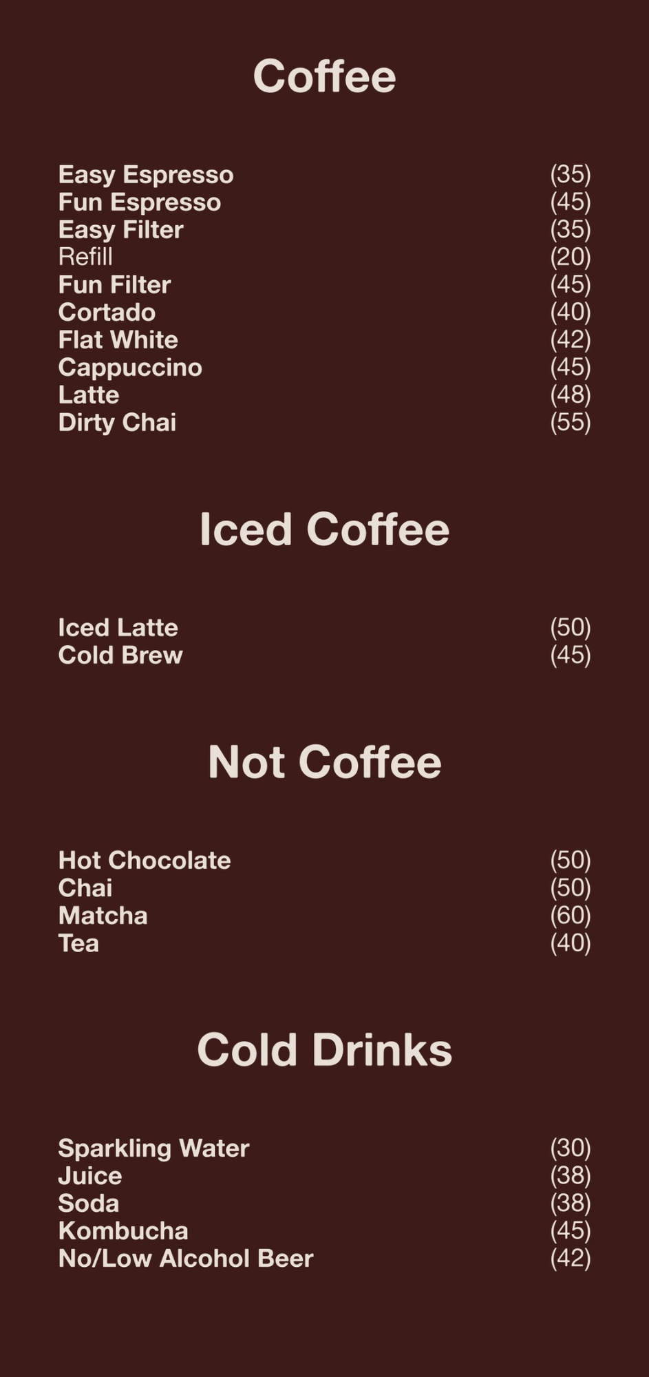 Coffee menu listing various coffee drinks, iced coffees, not coffee options, and cold drinks with prices.
