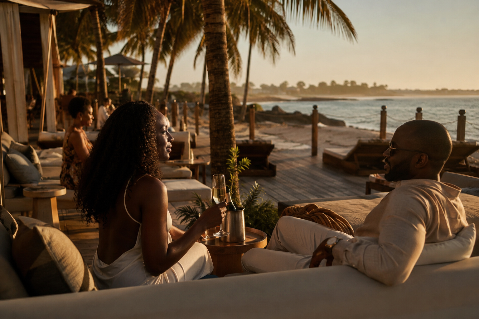 A woman and a man sit together on a sofa at a beach resort, with a woman in the background looking out towards the ocean. The woman in the foreground is holding a glass of champagne, and the man is wearing sunglasses and a light-colored shirt. There are palm trees, lounge chairs, and the ocean in the background, with warm sunset lighting.