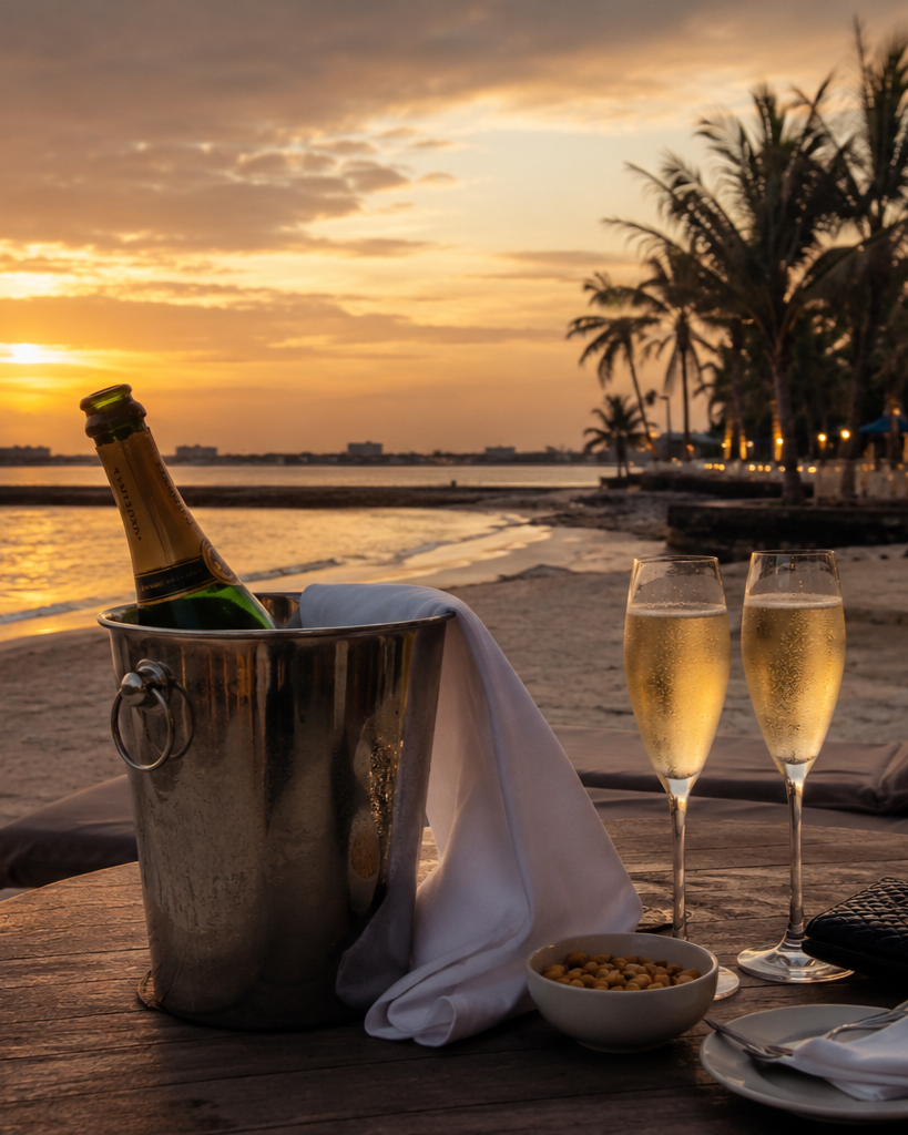 Beachside table with champagne, champagne glasses, a bucket with a bottle, a bowl of nuts, and a white napkin during sunset with palm trees and water in the background.