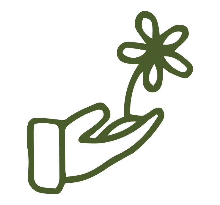 Outline drawing of a hand holding a small flower with a stem and leaves.