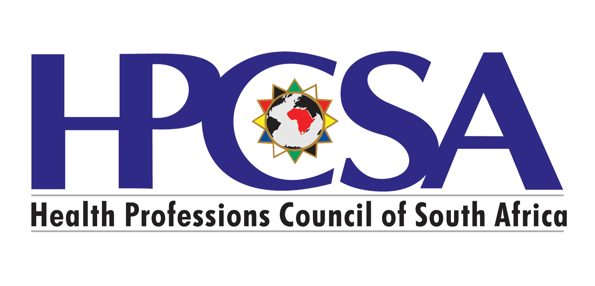 Logo of the Health Professions Council of South Africa with a globe showing Africa in red and a star-shaped border around it.