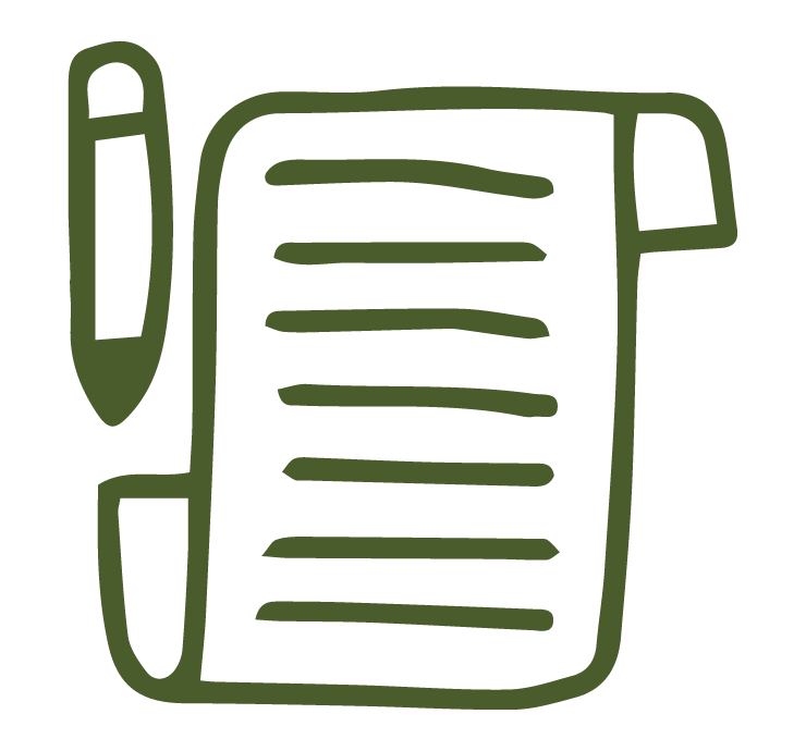 Line drawing of a notepad with a pen, showing a few horizontal lines as text.