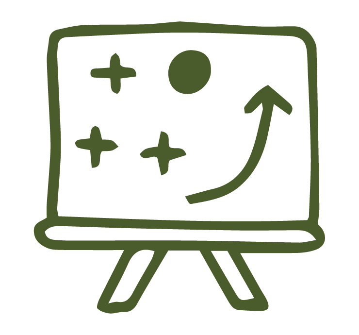 Hand-drawn illustration of a presentation board with a graph showing an upward trend and celestial symbols, on a tripod stand.