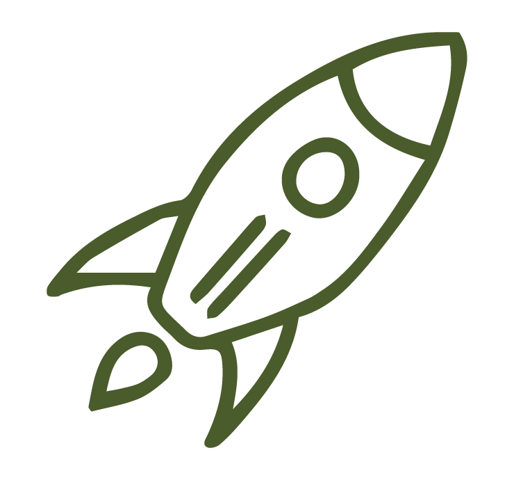 Green outline of a rocket spaceship on a transparent background.