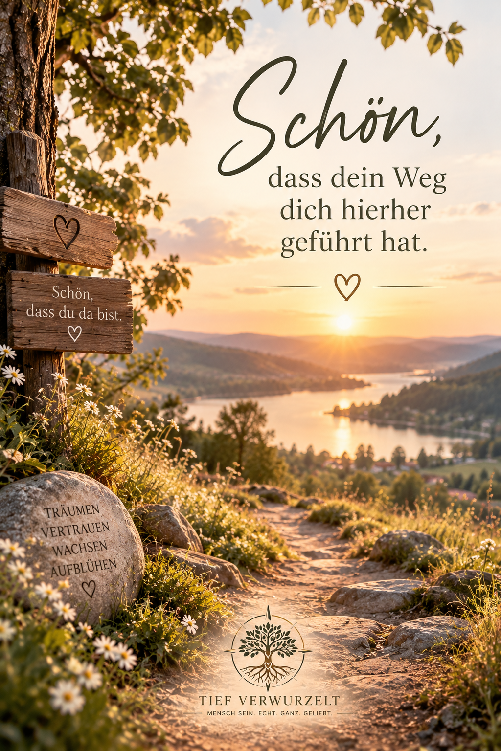 Ruhige Naturlandschaft im warmen Abendlicht als Einladung zum Ankommen, Auftanken und Entdecken bei Tief verwurzelt.