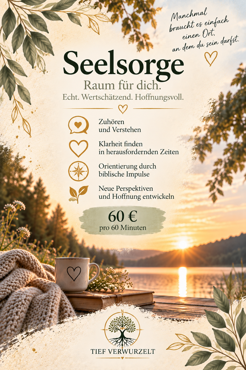 Postkarte zur Seelsorge mit einer warmen Seenlandschaft bei Sonnenuntergang, Baumzweigen, Tasse und Decke. Die Karte beschreibt die persönliche seelsorgliche Begleitung.