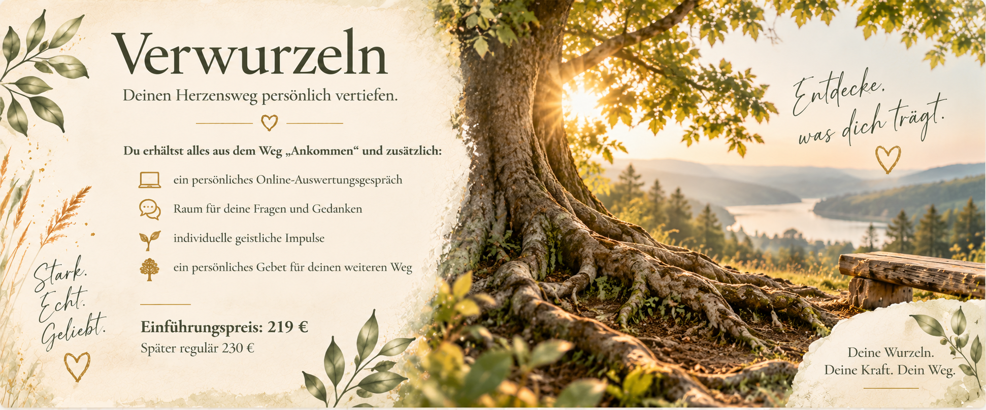 Postkarte zum Angebot „Verwurzeln“ mit einem großen, tief verwurzelten Baum vor einer ruhigen Seen- und Berglandschaft. Die Karte beschreibt die persönliche Vertiefung des Herzensweges.