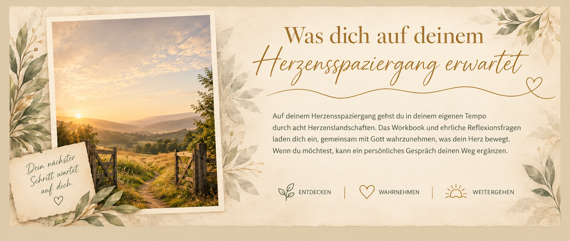 Postkarte zum Herzensspaziergang mit einer Übersicht darüber, was dich auf deinem persönlichen Herzensweg erwartet.