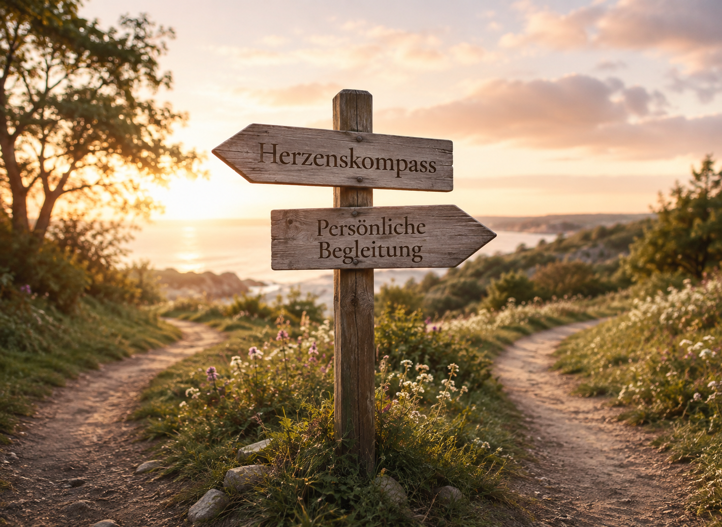 Wegweiser mit Herzenskompass und Persönlicher Begleitung vor zwei Wegen im Hintergund das Meer