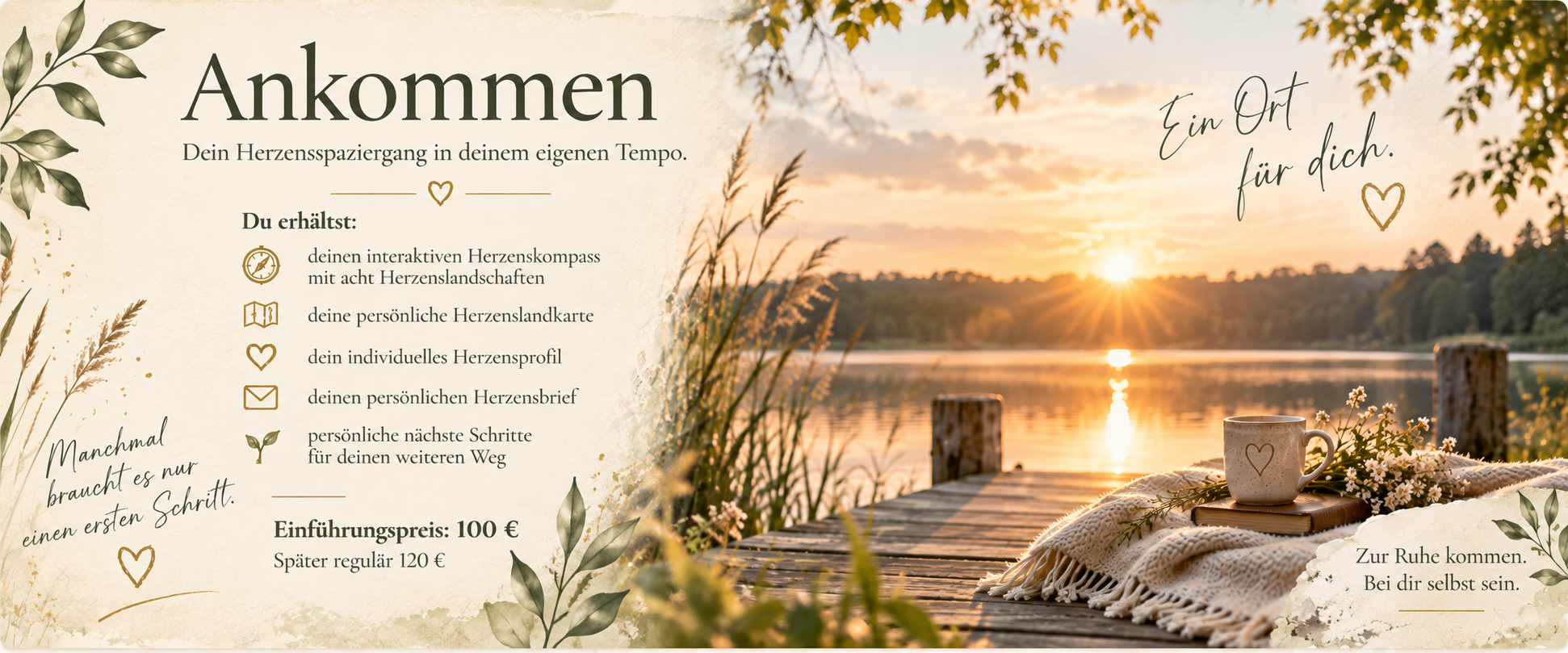 Postkarte zum Angebot „Ankommen“ mit einer ruhigen Seenlandschaft, Holzsteg und warmem Abendlicht. Die Karte enthält Informationen zum Herzenskompass und zur persönlichen Auswertung.