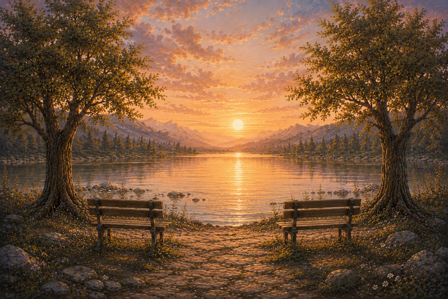 Malereien eines Sonnenuntergangs über einem Fluss mit zwei Bänken und Bäumen an den Ufern.