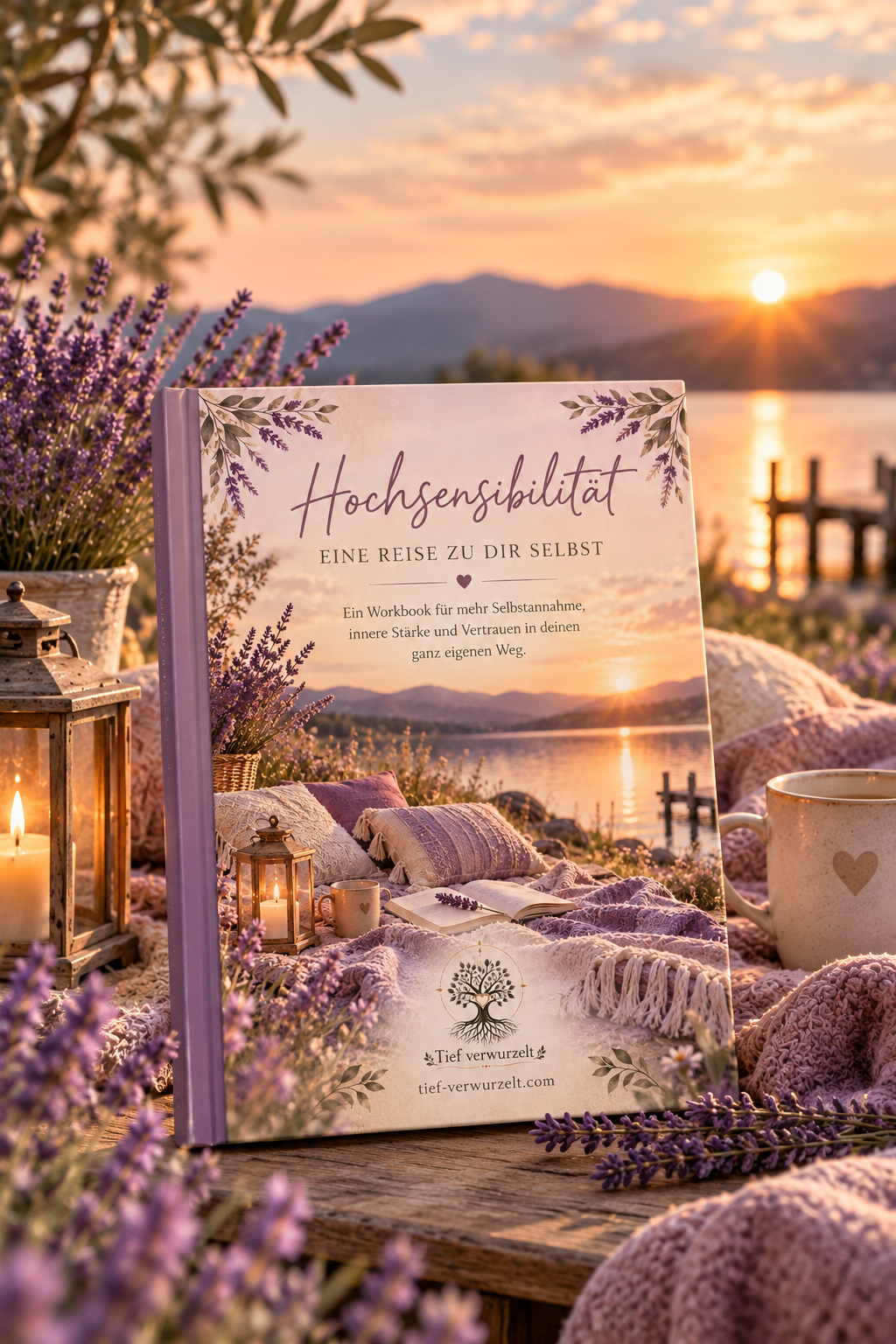 Cover des Workbooks „Hochsensibilität – Eine Reise zu dir selbst“ von Tief verwurzelt vor einer ruhigen Seenlandschaft mit Lavendel, Kissen und warmem Sonnenuntergang.