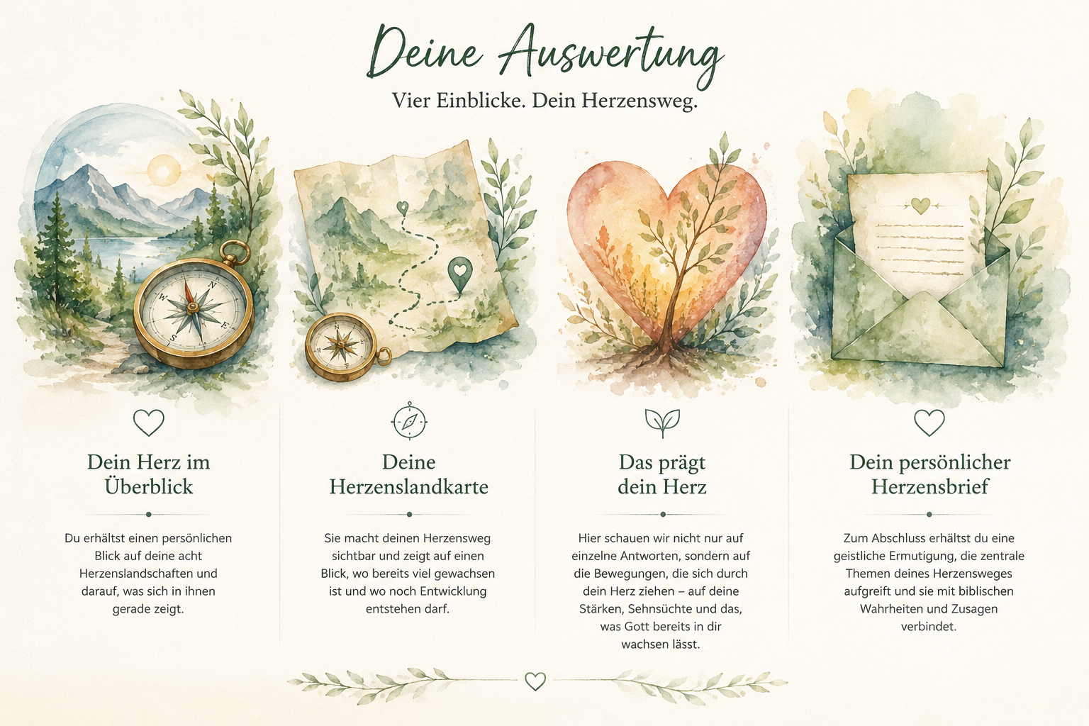 Illustration zur persönlichen Herzenskompass-Auswertung mit vier Einblicken: Herz im Überblick, Herzenslandkarte, das prägt dein Herz und persönlicher Herzensbrief.