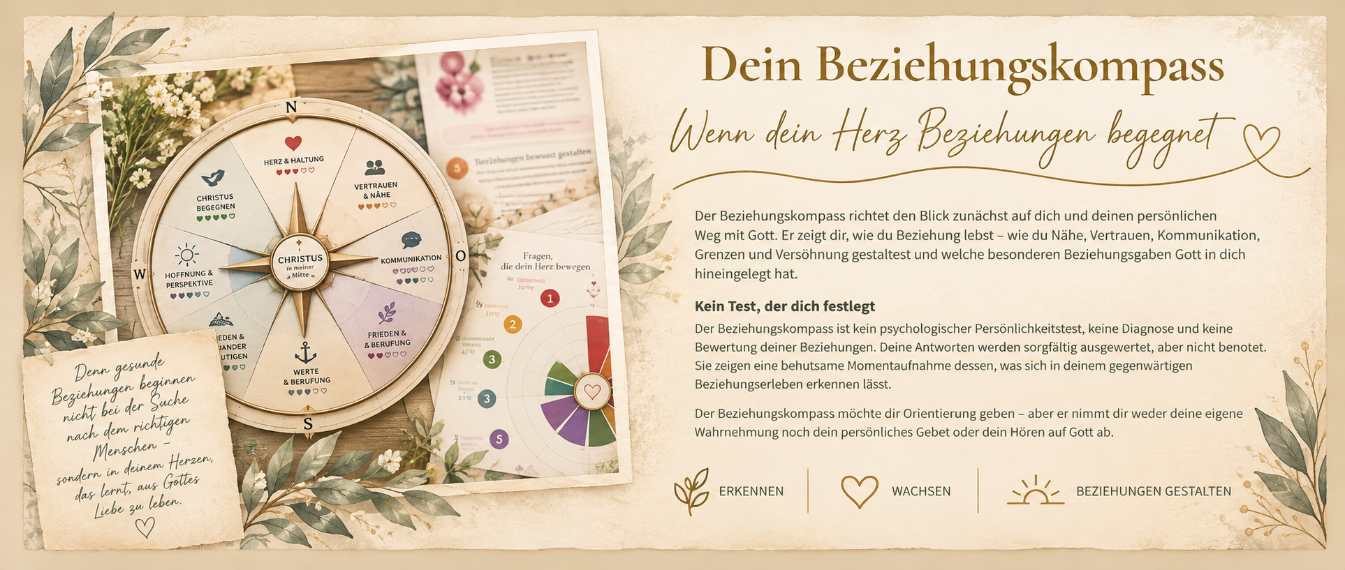 Eine Abbildung eines Beziehungs-Kompasses mit einem Uhrenmodell, das verschiedene Beziehungsaspekte wie Herz & Haltung, Vertrauen & Nähe, Kommunikation, Frieden & Berufung, Werte & Berufung, Hoffnung & Perspektive, Christus begegnen und Beziehungen gestalten zeigt. Es gibt eine Notiz, die besagt, dass gesunde Beziehungen nicht bei der Suche nach den richtigen Menschen beginnen, sondern in dem Erlernen der Liebe aus Gottes Liebe.